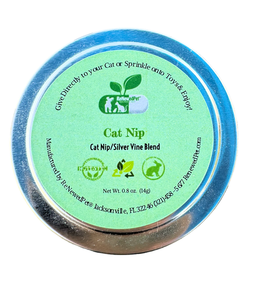 Organic Catnip and Silver Vine Mix in a green-labeled container for cats by ReNewedPet