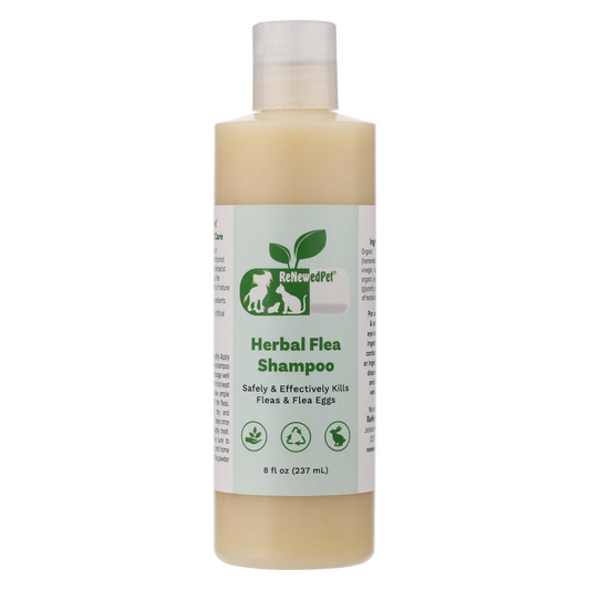 ReNewedPet Herbal Flea Shampoo for cats and dogs with natural organic ingredients, 8 oz bottle