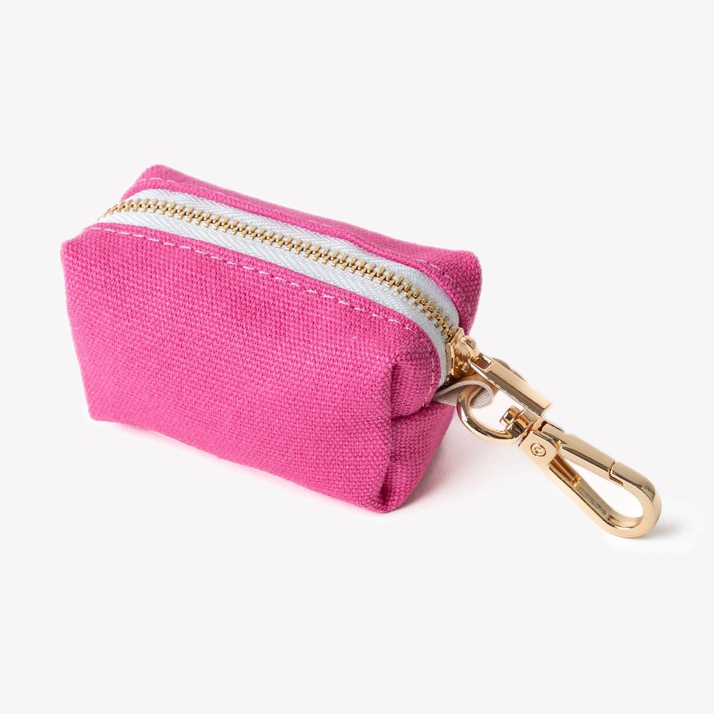 Magenta poop bag holder pouch with zipper and gold clip for leash attachment