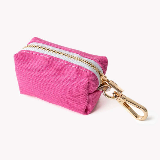 Magenta poop bag holder pouch with zipper and gold clip for leash attachment