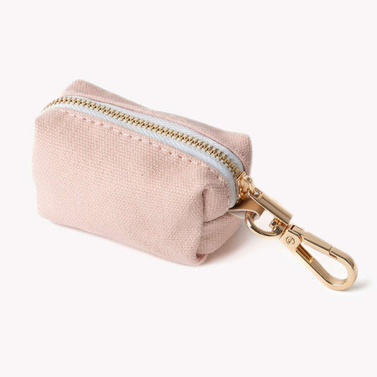 Powder Rose poop bag holder pouch with zipper and gold clip for leash attachment