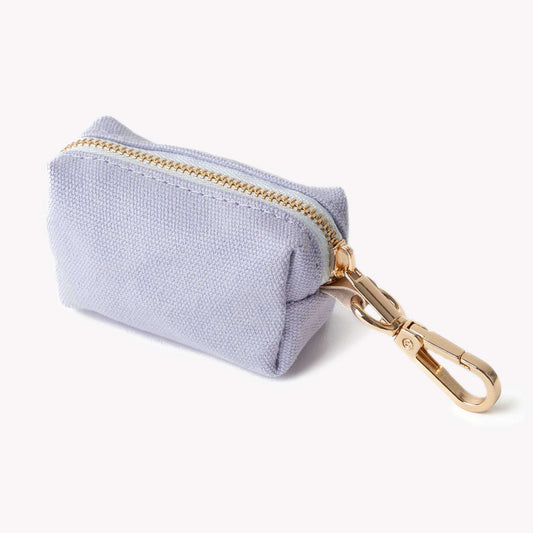 Lavender poop bag holder pouch with gold zipper and leash clip for dog waste bags