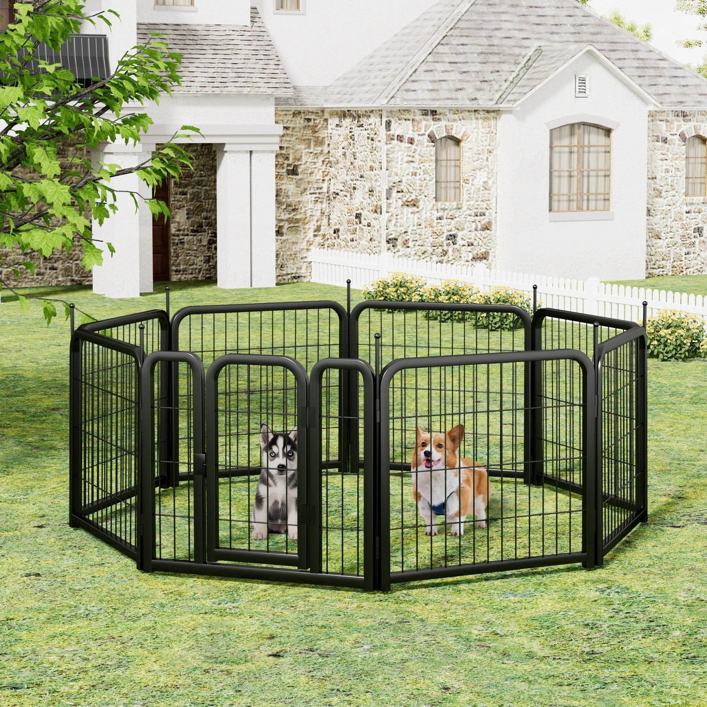 Black 8-panel dog fence 24 inch portable indoor pet playpen for small dogs.