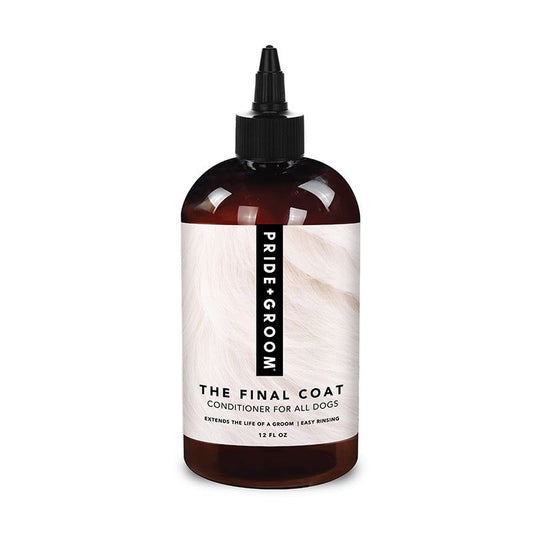 THE FINAL COAT dog conditioner bottle with bright, natural ingredients for softening, shine, and detangling pet fur