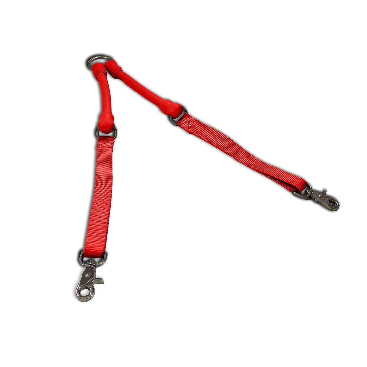 Red double dog leash connector with swivel clasps for tangle-free walking