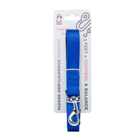blue padded grip dog leash with nickel-coated snap, durable nylon, 5ft length for comfortable secure walks