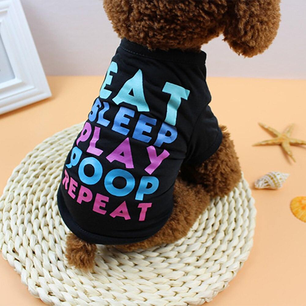 Dog wearing Eat Sleep Play Poop repeat printed cotton blend vest shirt for pets
