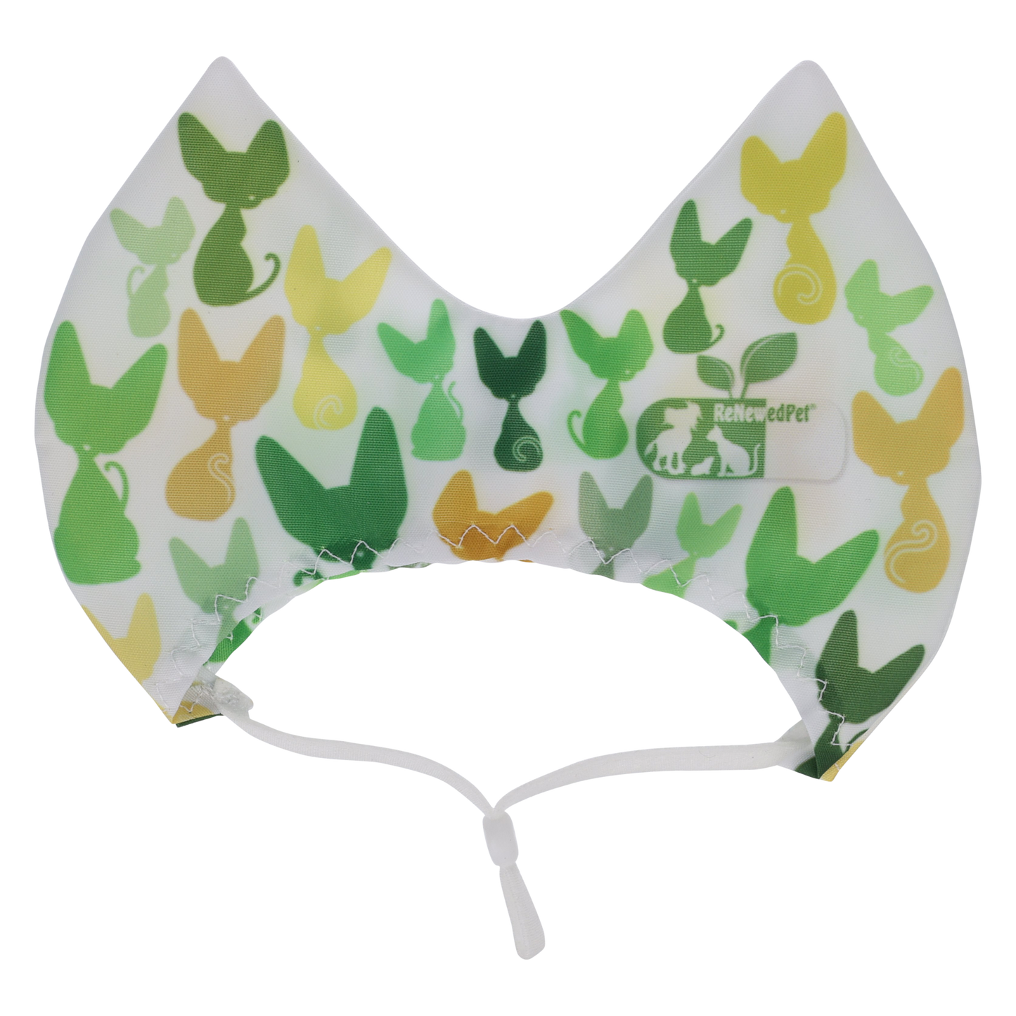 Colorful cat ear-shaped pets shower cap with green and yellow patterns, made from stretchy Lycra, for bath, ear cleaning, and sun protection.