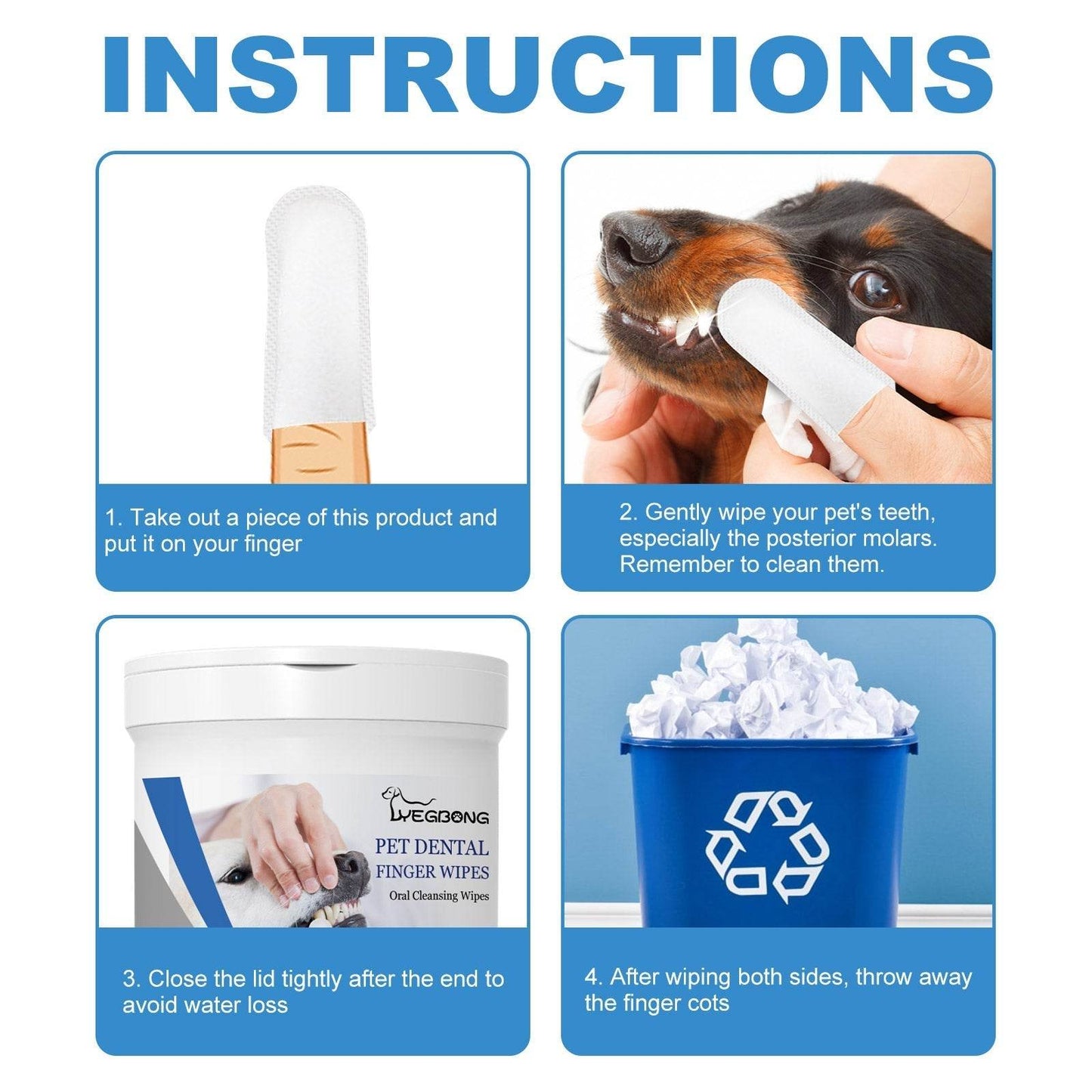 Pet Dental Finger Wipes container with finger wipe for cleaning dog teeth and gums, demonstrating usage instructions.