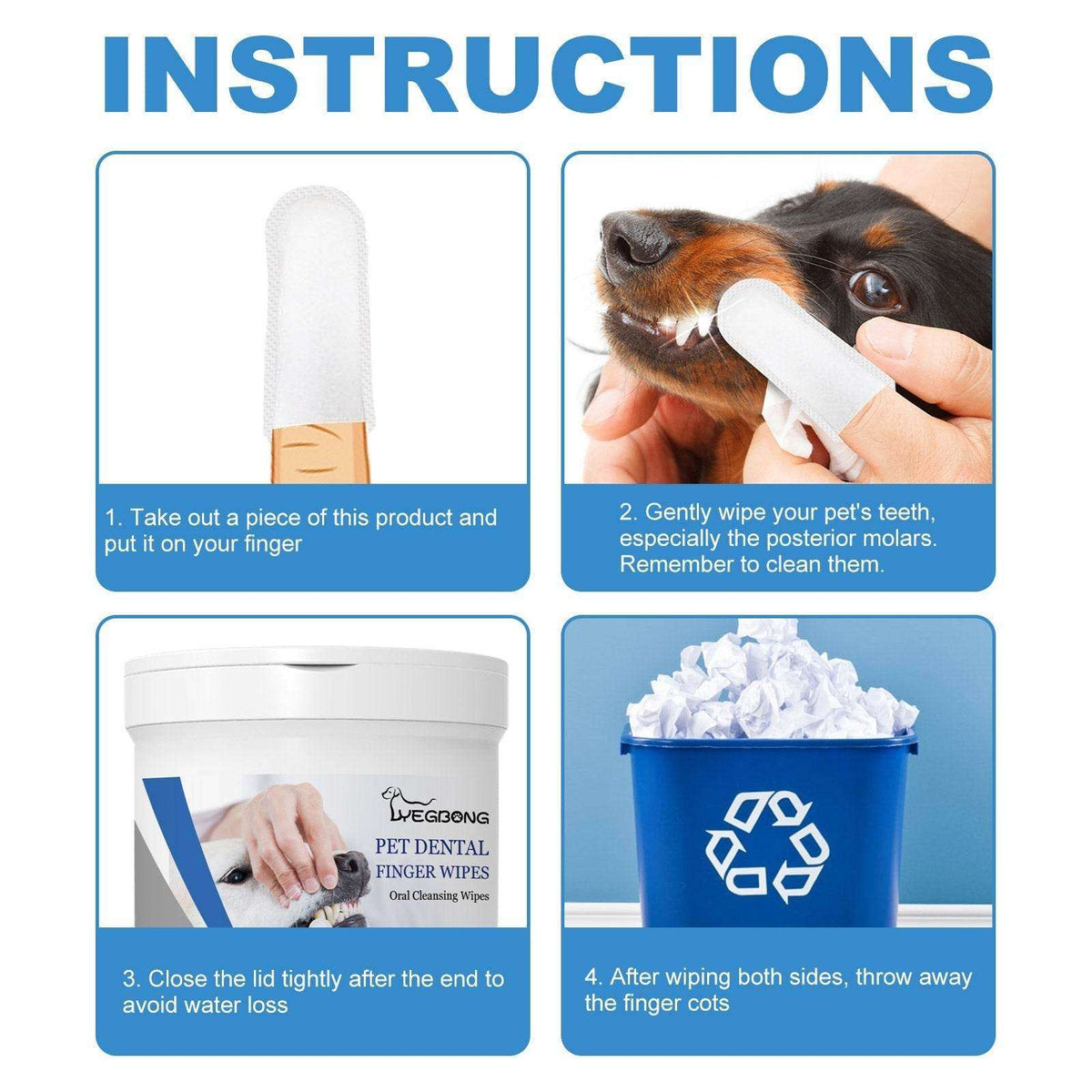 Pet Dental Finger Wipes container with finger wipe for cleaning dog teeth and gums, demonstrating usage instructions.