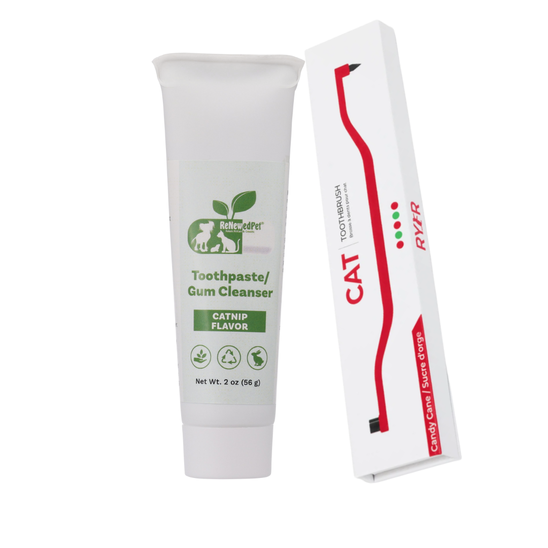 Natural pets toothpaste and gum cleanser with catnip flavor and wooden-handle cat toothbrush