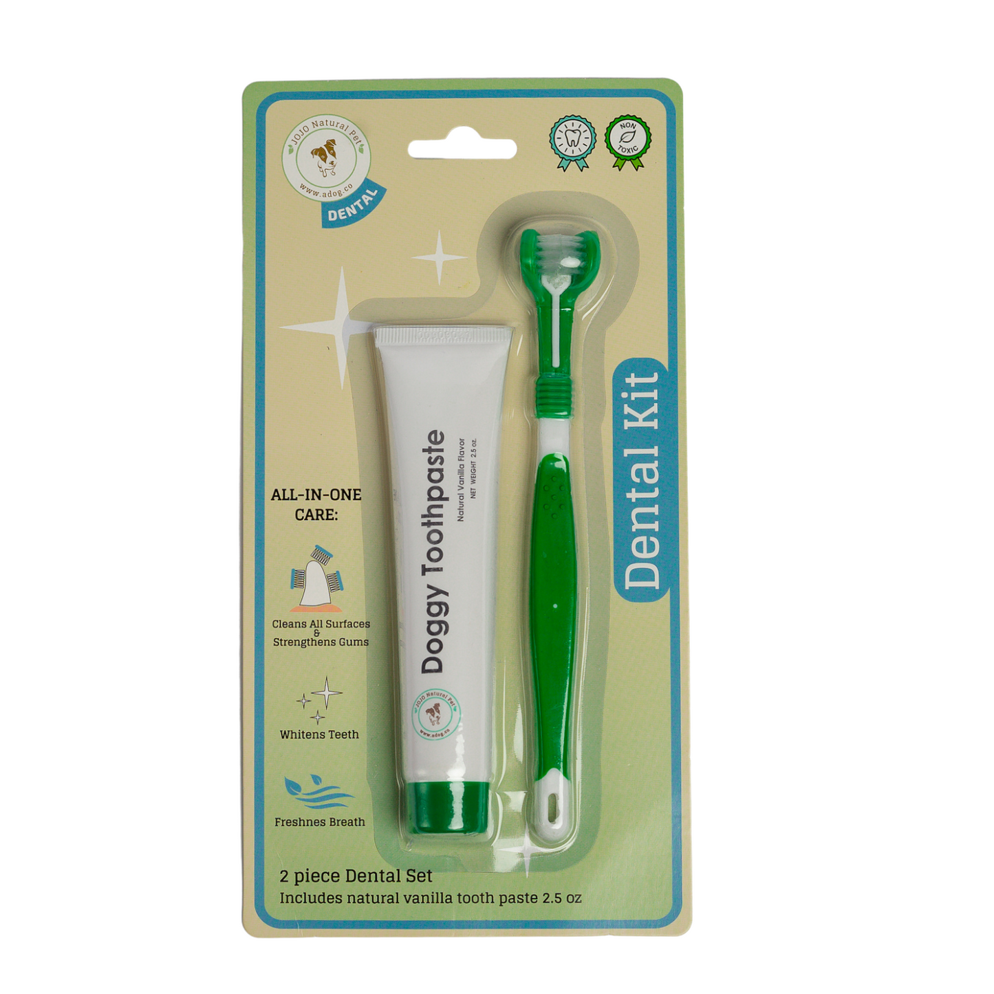 Triple headed dog toothbrush with ergonomic handle and all-natural toothpaste for effective pet dental care kit