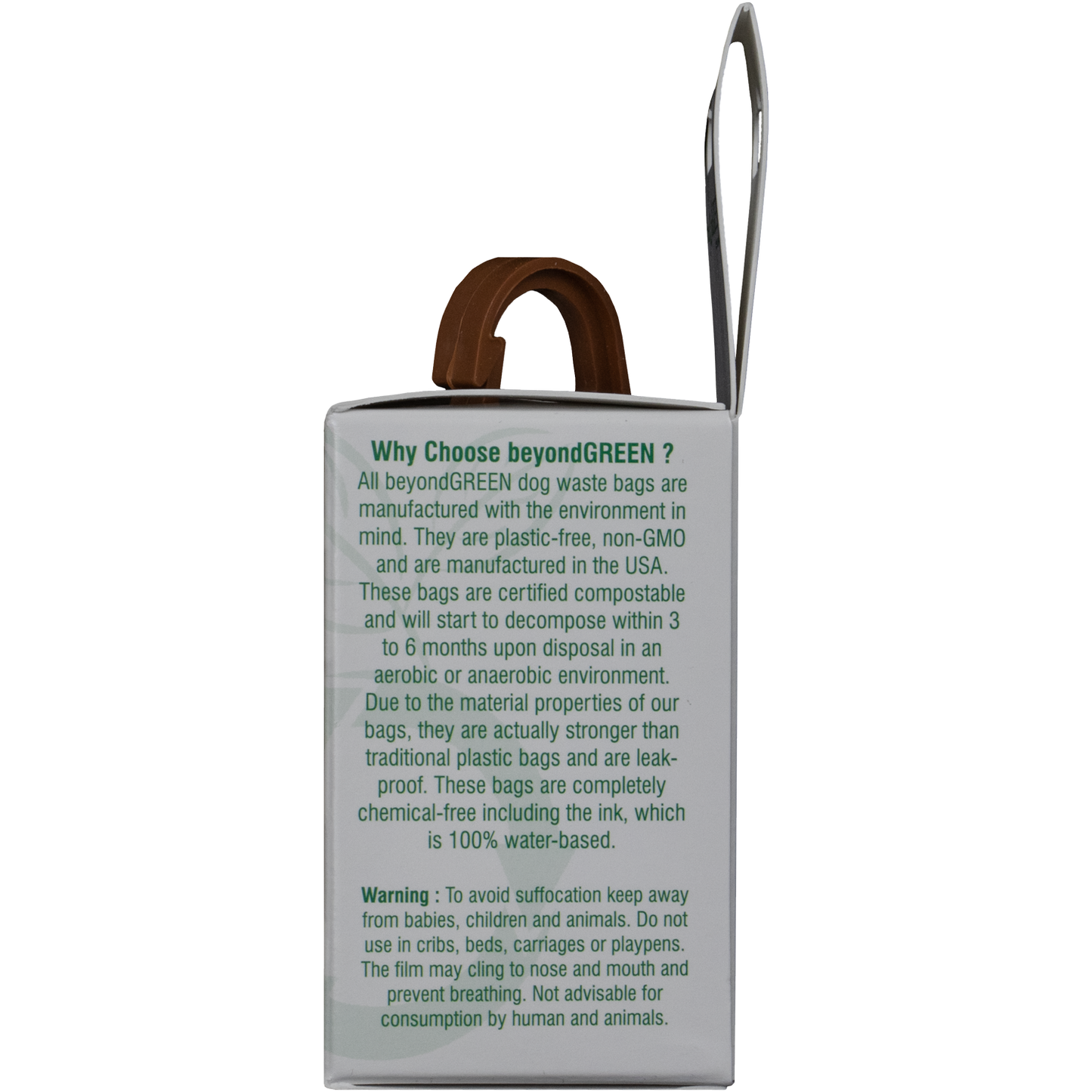 Recycled-plastic leash dispenser with 15 biodegradable dog waste bags and carabiner clip for easy attachment.
