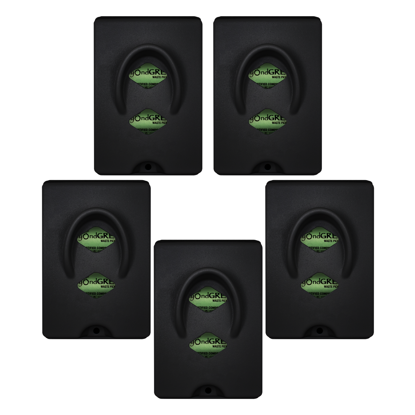 Black locking front-load dog waste bag dispensers with visible green beyondGREEN dog waste bag rolls inside