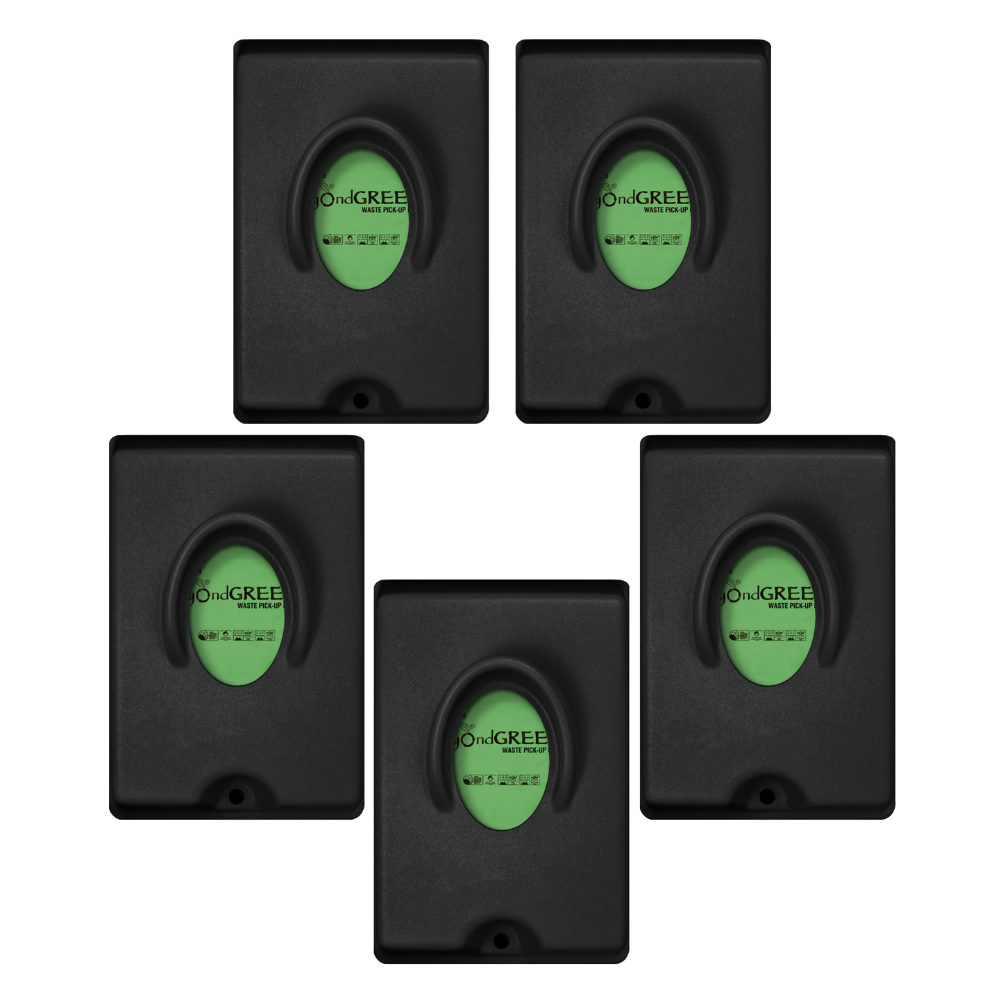 Black single-pull dog waste bag park dispensers with green bags inside, arranged in a five-unit pattern