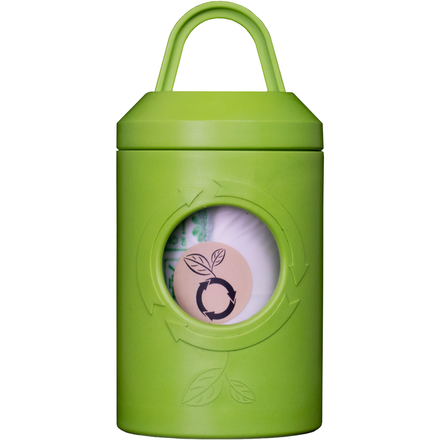 Green dog leash waste bag dispenser with recyclable packaging symbol and carabiner handle