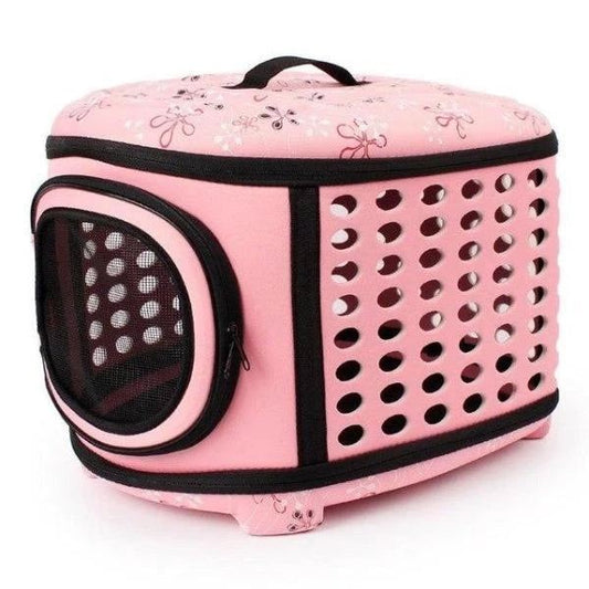 Foldable beige and grey pet carrier handbag for small dogs and cats with breathable mesh sides and durable EVA material