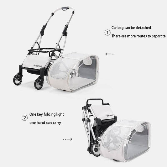 Lightweight foldable four-wheeled cart for small to medium pet dogs and cats in transparent white and pink colors