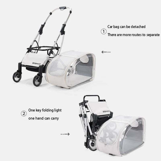 Lightweight foldable four-wheeled cart for small to medium pet dogs and cats in transparent white and pink colors