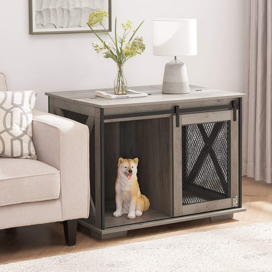 Farmhouse wooden dog cage crate with sliding barn door and flip-top plate in gray wash MDF material