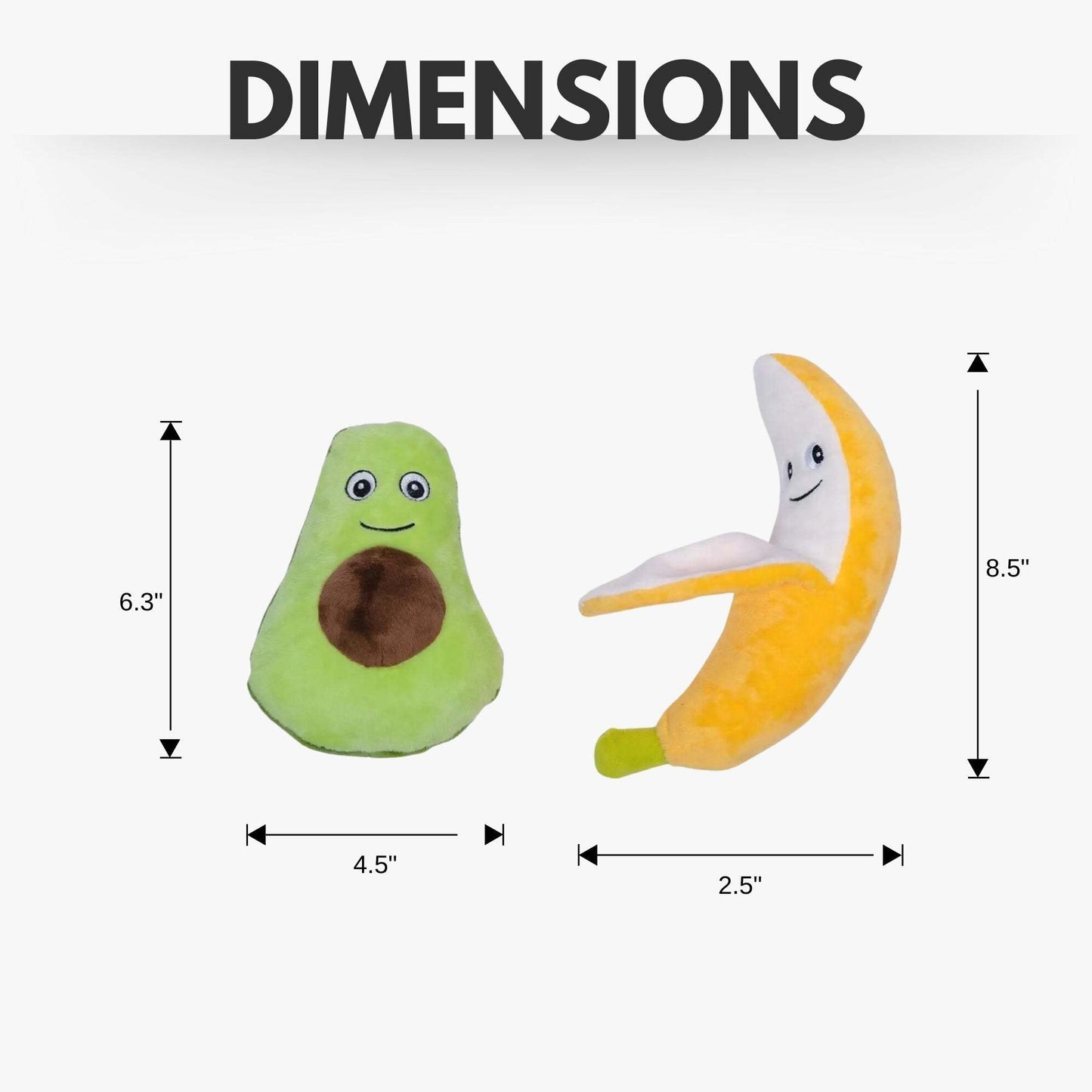 Avocado and banana plush dog toys set with squeaker and crinkle paper for interactive play