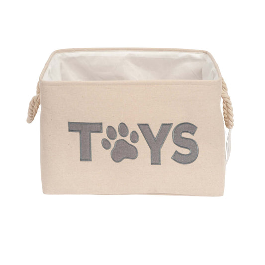 Country Living Foldable Fabric Dog Toy Storage Bin in neutral color with "TOYS" and paw print, collapsible organizer for pet accessories