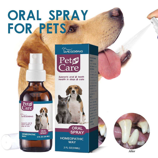 Pet oral cleaning spray for dogs and cats removing tartar and bad breath with homeopathic ingredients