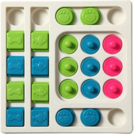 S-shaped and square pet intelligence feeding toys in white and blue colors for dog snack dispensing