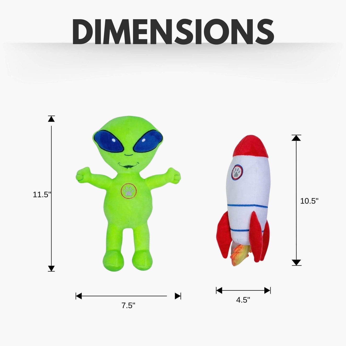 Space Alien and Rocket Plush dog toy set with squeaker and crinkle paper for interactive play