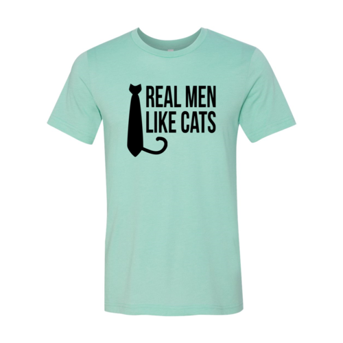 Black Real Men Like Cat T-Shirt by Bella Canvas with soft textile flex print and available sizes XS to 4XL