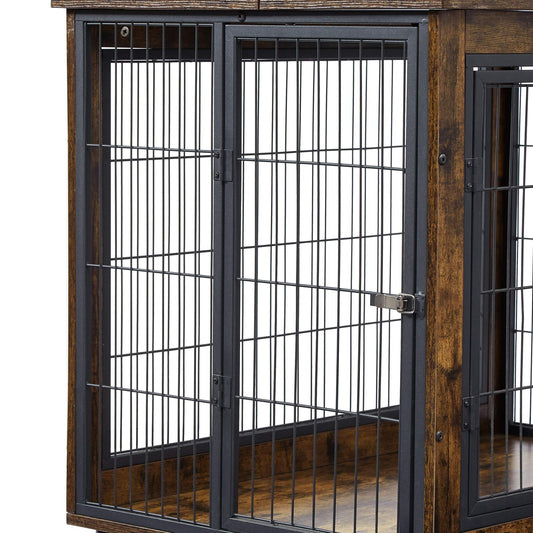 Rustic brown furniture dog cage crate with double doors and rolling casters, 38.58'' W x 25.2'' D x 27.17'' H