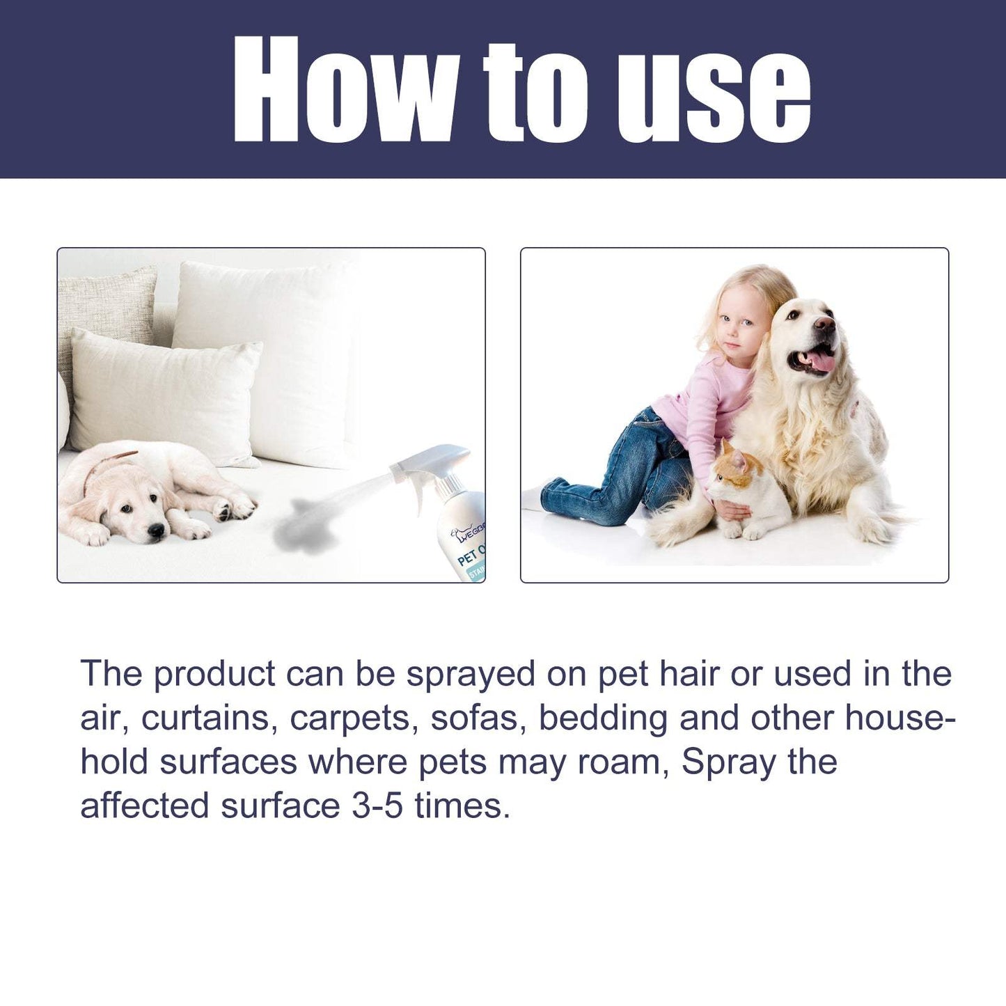 Pet Odor & Stain Eliminator spray bottle with natural extracts for removing pet odors and stains indoors