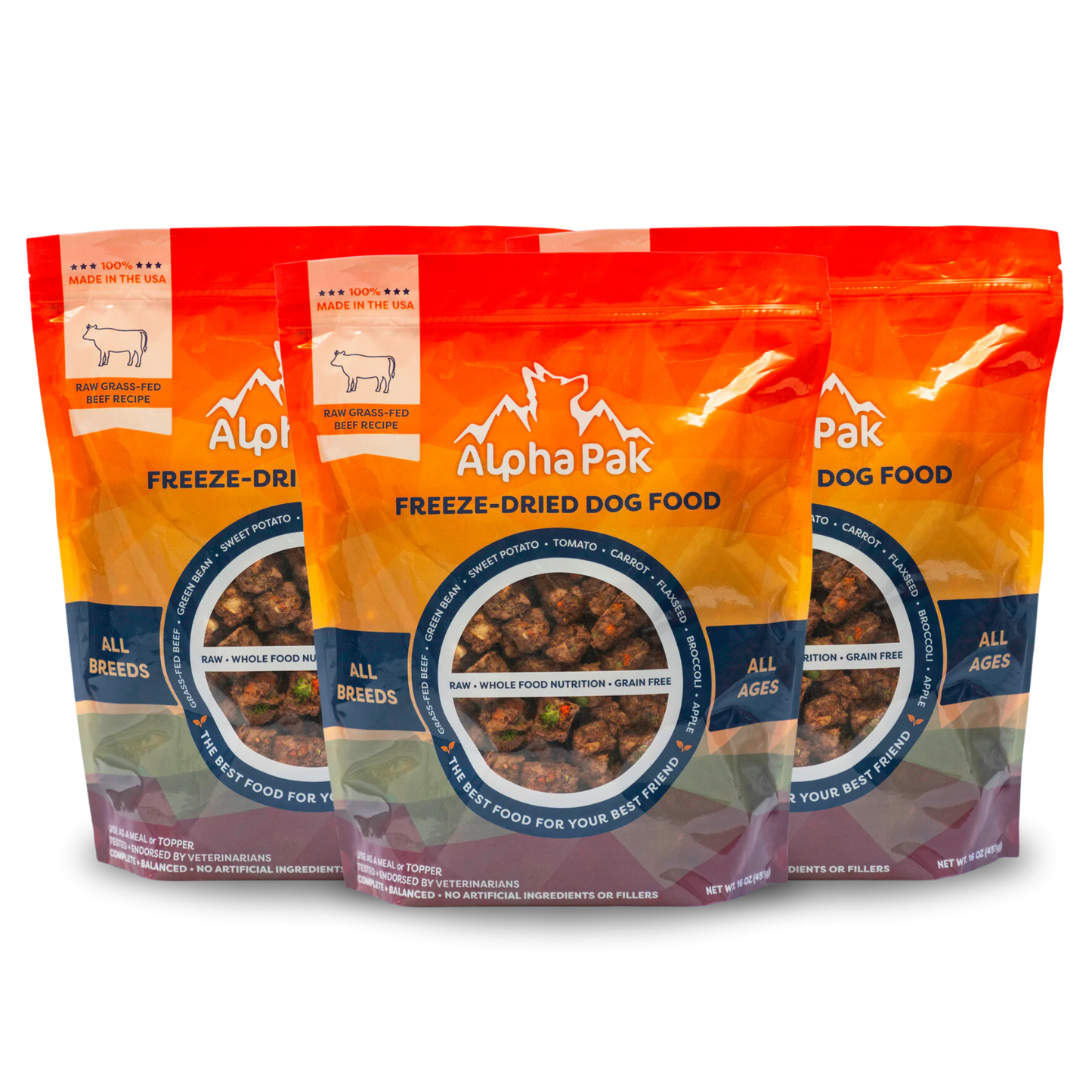 Premium Raw Freeze Dried Dog Food Beef in orange resealable bags, made with grass-fed beef, grains free, suitable for all breeds and ages.