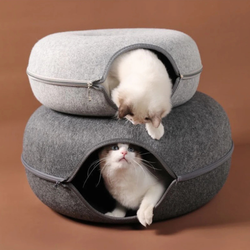 Felt Donut Cat Bed with Breather Hole - 2-in-1 Tunnel & Hideaway