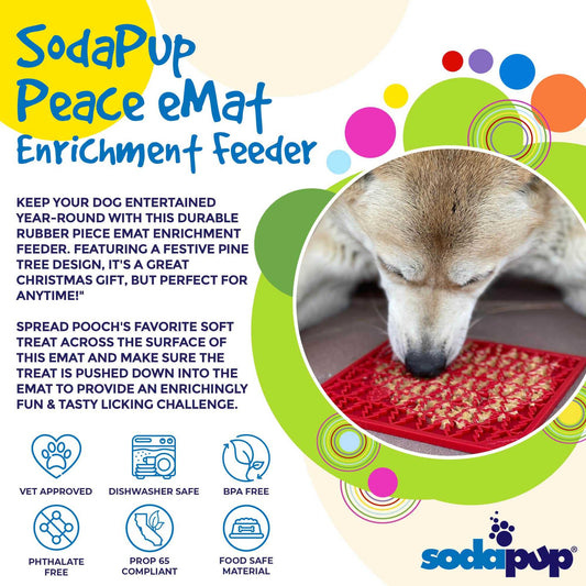 Peace Tree emat dog lick mat with festive red pine tree design for calming and enrichment by SodaPup
