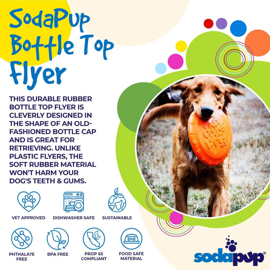 Orange Bottle Top Flyer rubber frisbee for dogs, designed like a bottle cap, safe on teeth and gums, vet approved, dishwasher safe, eco-friendly.