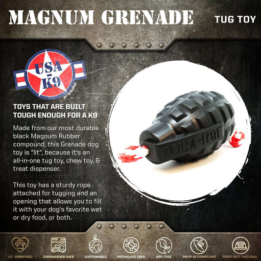 USA-K9 Magnum Grenade: Durable Rubber Chew and Treat Dispenser Toy!