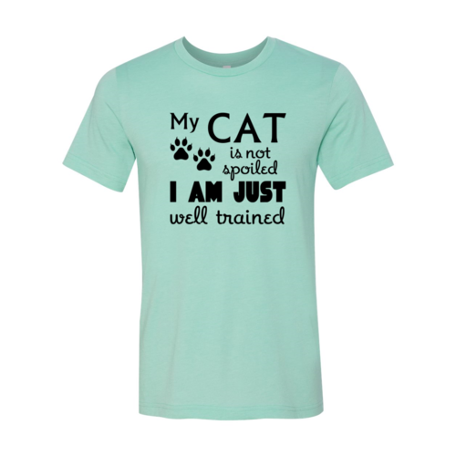 My Cat Is Not Spoiled T-Shirt in light green with black text and paw prints, soft ring spun cotton, Bella Canvas brand.