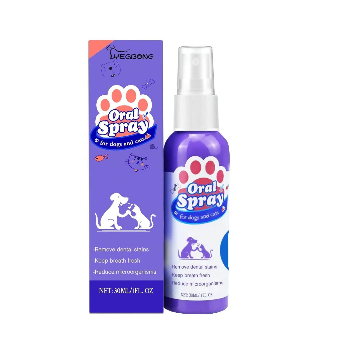 Tooth cleaning spray for dogs and cats with dental stain removal and fresh breath benefits