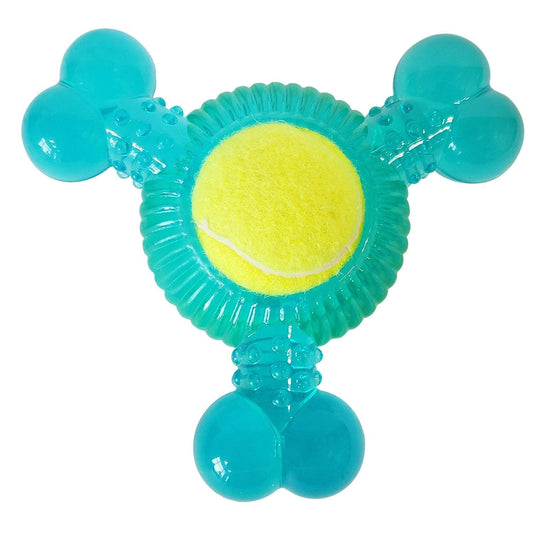Blue chew toy with tennis ball center for medium to large dogs