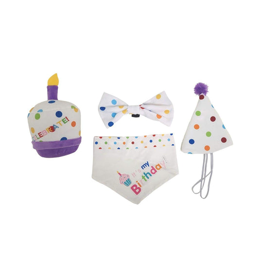 4-piece dog birthday kit with bandana, festive hat, bow tie, and plush cake toy