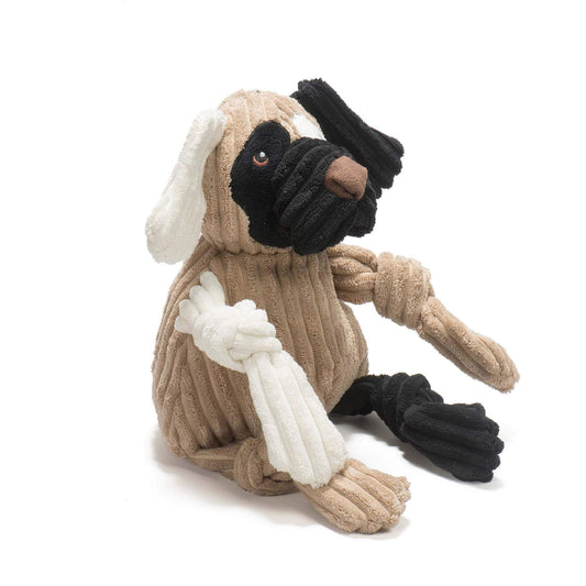 Large Patches HuggleMutt⢠Knottie® plush dog toy with mutt-inspired design and squeakers