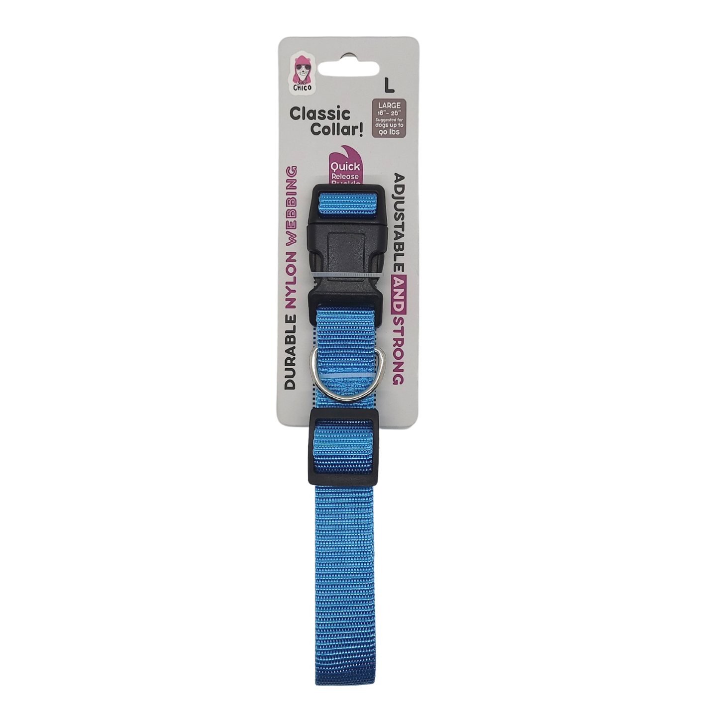 Quick-Release Nylon Dog Collar with adjustable fit, durable nylon material, and safety clasp for active dogs