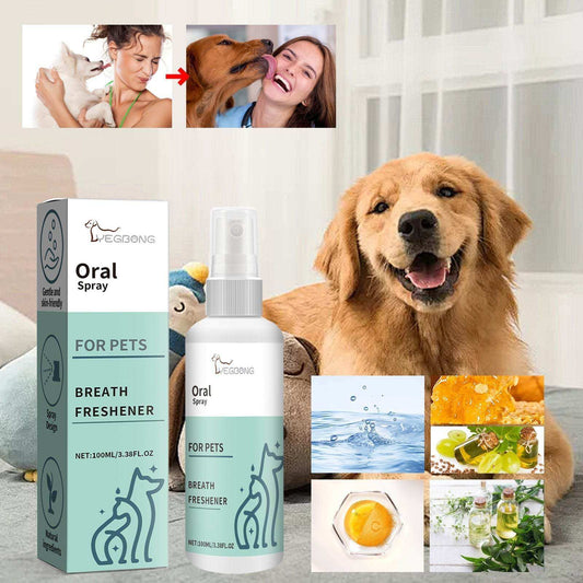 Pet Mint Fresh Breath Spray for dogs with grapeseed oil and vitamin C, reduces tartar and promotes oral health.