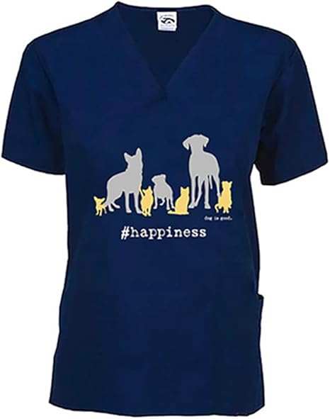 Navy scrub top with dog and cat silhouettes, breathable cotton-poly blend, loose v-neck, and front pockets for veterinary professionals