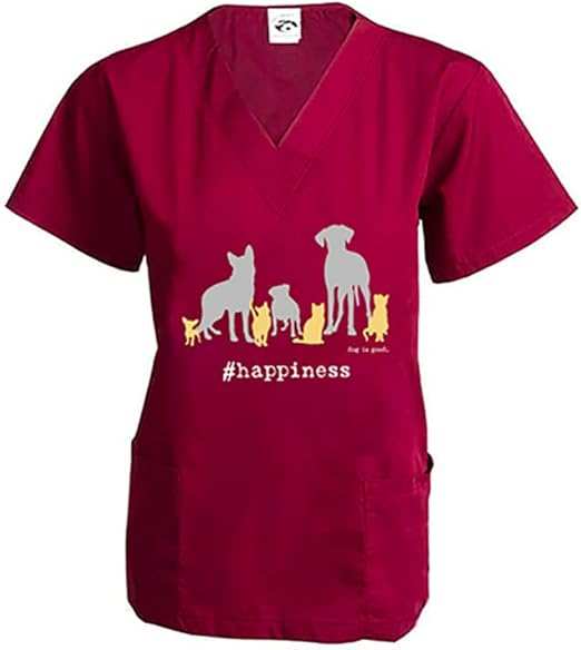 Happiness scrub top in wine color with dog and cat silhouettes, loose v-neck, front pockets, cotton-poly blend for comfort and durability