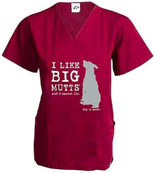 Wine-colored scrub top with "I Like Big Mutts" slogan, cotton-poly blend, v-neck, side slits, and front pockets