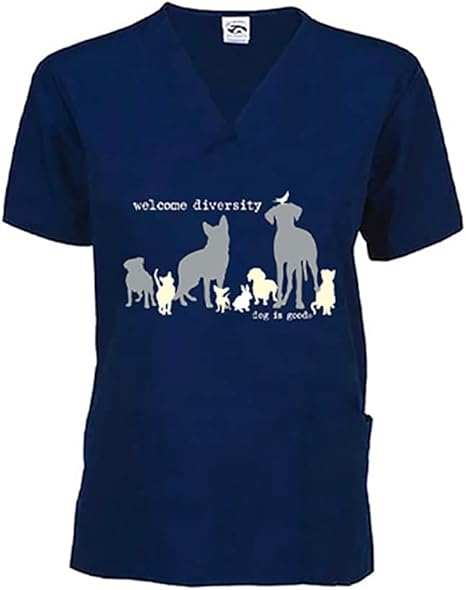 Navy scrub top with diverse animal prints, comfortable cotton-poly blend, v-neck and front pockets for animal medical professionals