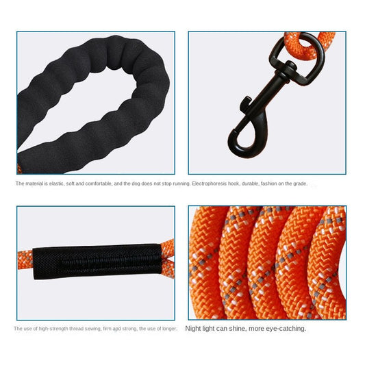 Orange and black reflective extended traction rope for dog walking and training
