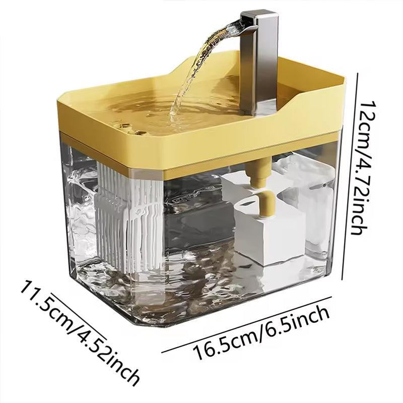 USB-powered automatic pet water dispenser with filter and circular filtration, yellow compact design